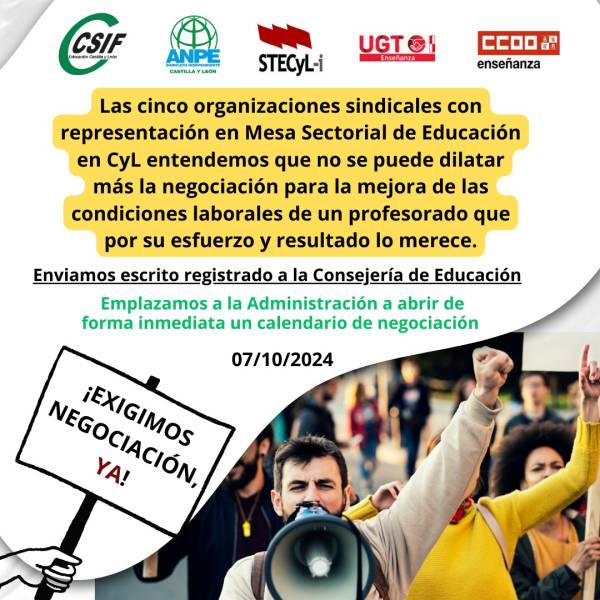 CCOO y el resto de OOSS demanda a la Consejería mejoras en las condiciones laborales del profesorado y voluntad negociadora