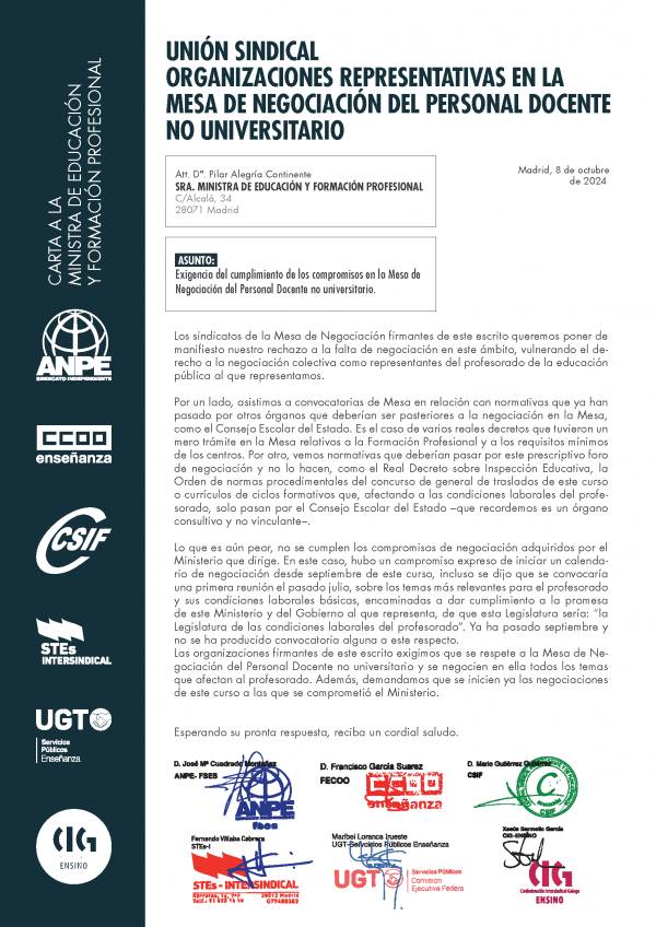 Las organizaciones representativas en la Mesa de Negociación del Personal Docente No Universitario exigen el cumplimiento de los compromisos